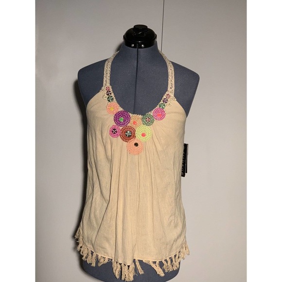 Rampage Halter Top Relaxed Embellished Cotton Gauze Sandstone Size Medium NWT - Picture 4 of 4